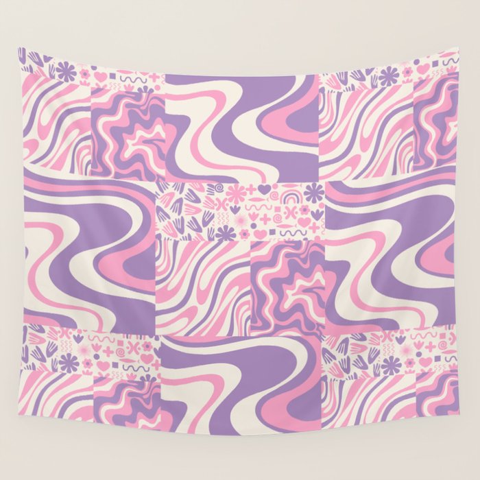 Trippy Patchwork Collage Retro Aesthetic Abstract Pattern Pink and Purple Wall Tapestry Gallery Image 4