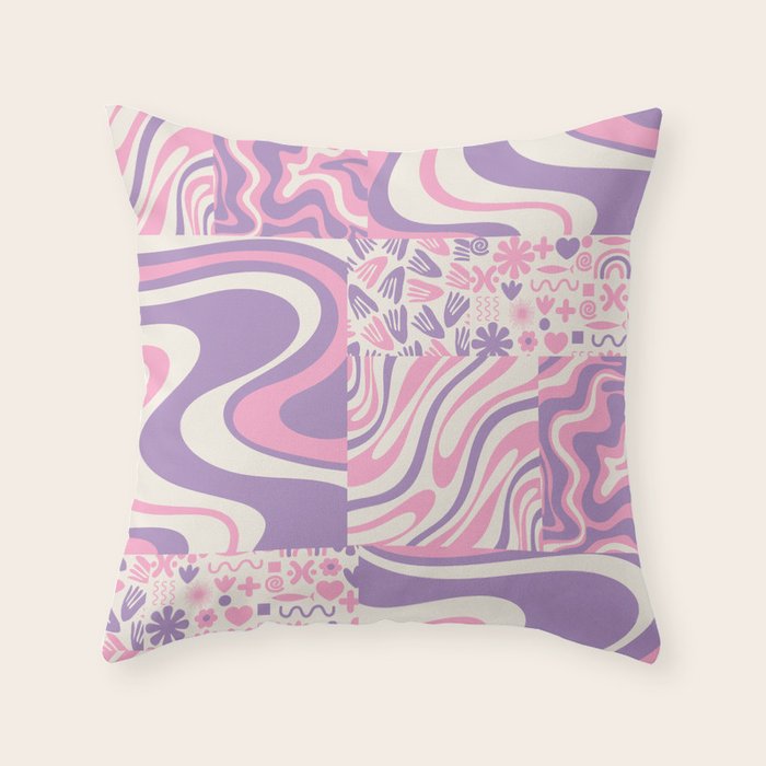 Trippy Patchwork Collage Retro Aesthetic Abstract Pattern Pink and Purple Throw Pillow Gallery Image 1