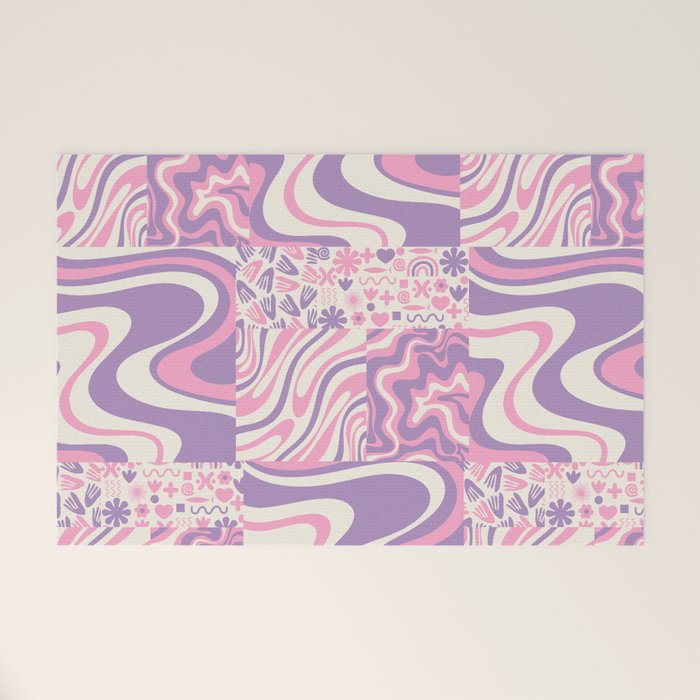 Trippy Patchwork Collage Retro Aesthetic Abstract Pattern Pink and Purple Welcome Mat Gallery Image 1