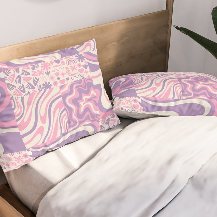 Trippy Patchwork Collage Retro Aesthetic Abstract Pattern Pink and Purple Pillow Sham Gallery Image 2