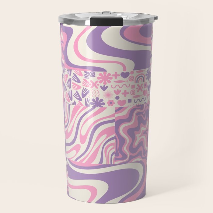 Trippy Patchwork Collage Retro Aesthetic Abstract Pattern Pink and Purple Travel Mug Gallery Image 1