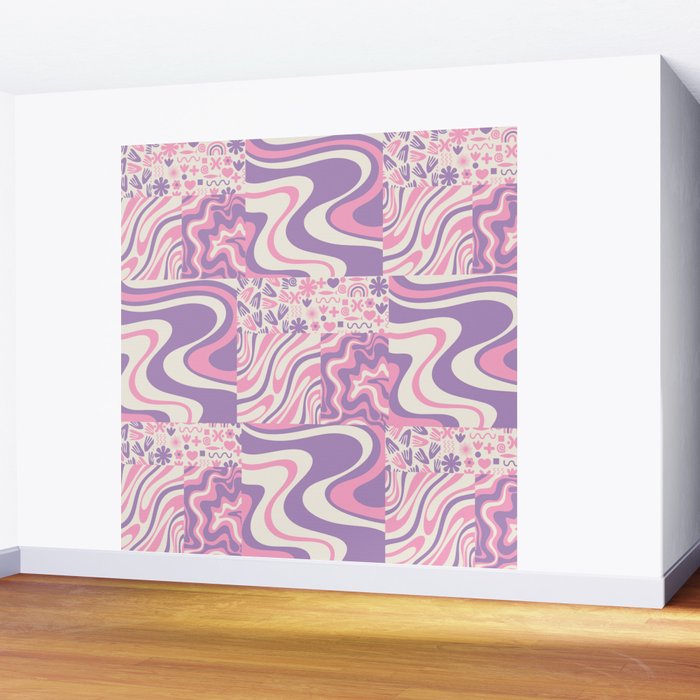 Trippy Patchwork Collage Retro Aesthetic Abstract Pattern Pink and Purple Wall Mural Gallery Image 2