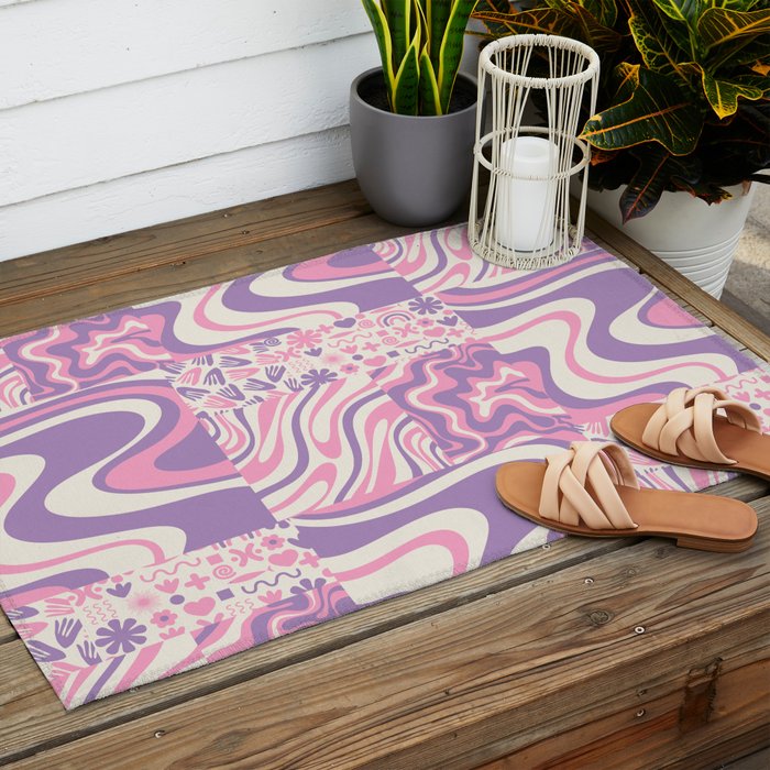 Trippy Patchwork Collage Retro Aesthetic Abstract Pattern Pink and Purple Outdoor Rug Gallery Image 2