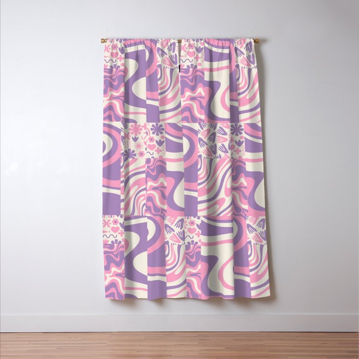 Trippy Patchwork Collage Retro Aesthetic Abstract Pattern Pink and Purple Window Curtain Gallery Image 3
