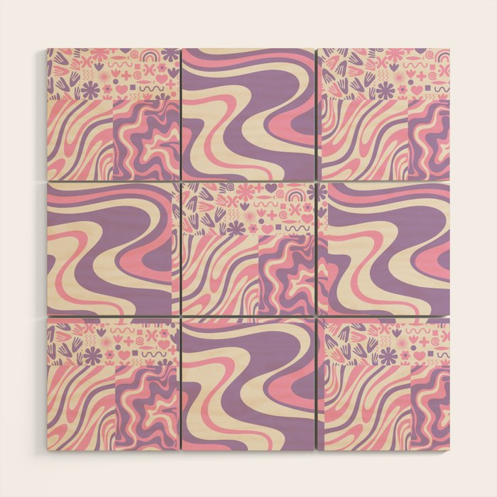 Trippy Patchwork Collage Retro Aesthetic Abstract Pattern Pink and Purple Wood Wall Art Gallery Image 1