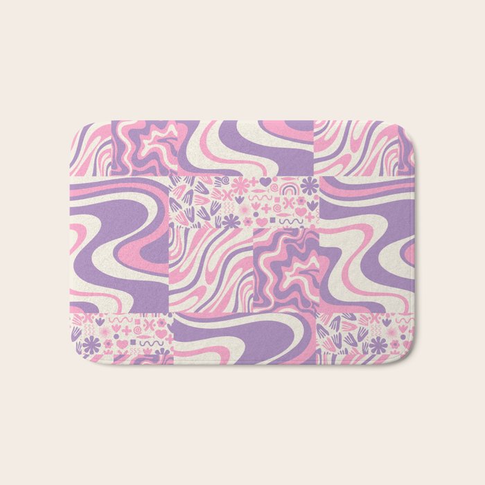 Trippy Patchwork Collage Retro Aesthetic Abstract Pattern Pink and Purple Bath Mat Gallery Image 1