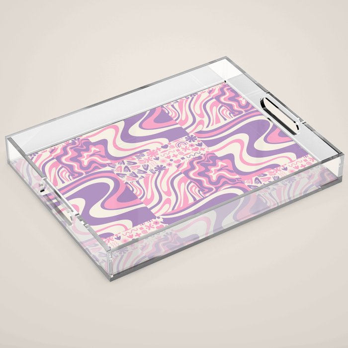 Trippy Patchwork Collage Retro Aesthetic Abstract Pattern Pink and Purple Acrylic Tray Gallery Image 1