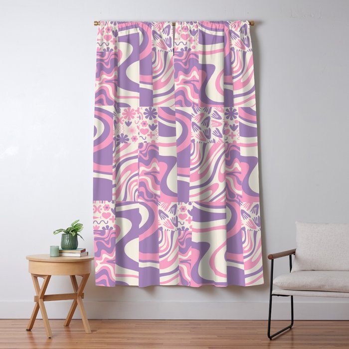 Trippy Patchwork Collage Retro Aesthetic Abstract Pattern Pink and Purple Window Curtain Gallery Image 1