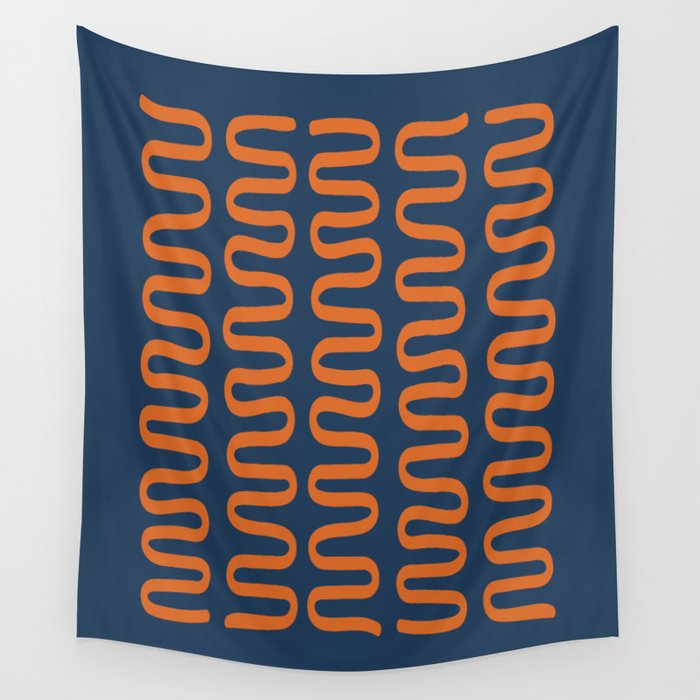 Abstract Shapes 268 in Navy Blue and Orange (Snake Pattern Abstraction) Wall Tapestry Gallery Image 4