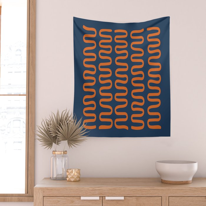Abstract Shapes 268 in Navy Blue and Orange (Snake Pattern Abstraction) Wall Tapestry Gallery Image 2