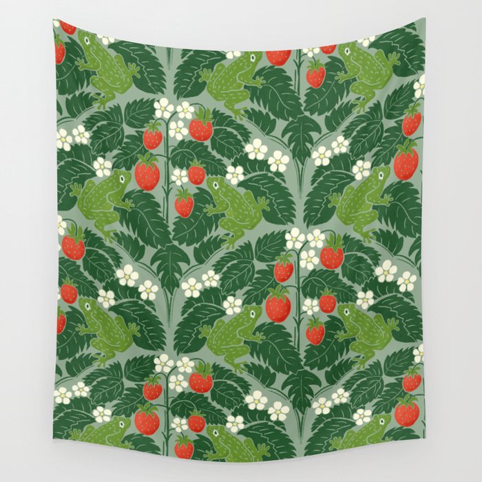 Frogs And Wild Strawberries On Pale Green Wall Tapestry Gallery Image 4