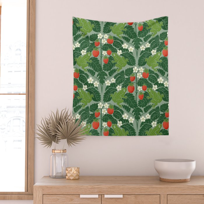 Frogs And Wild Strawberries On Pale Green Wall Tapestry Gallery Image 2