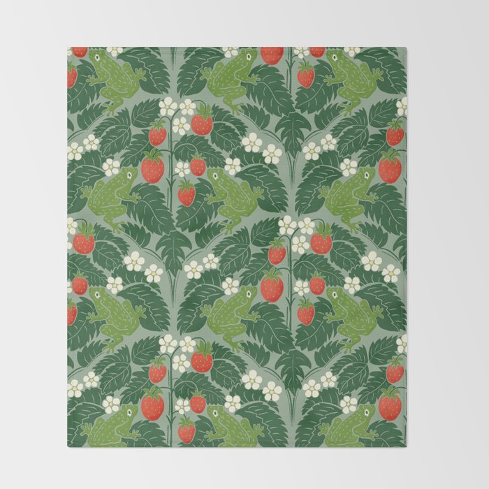Frogs And Wild Strawberries On Pale Green Throw Blanket Gallery Image 2