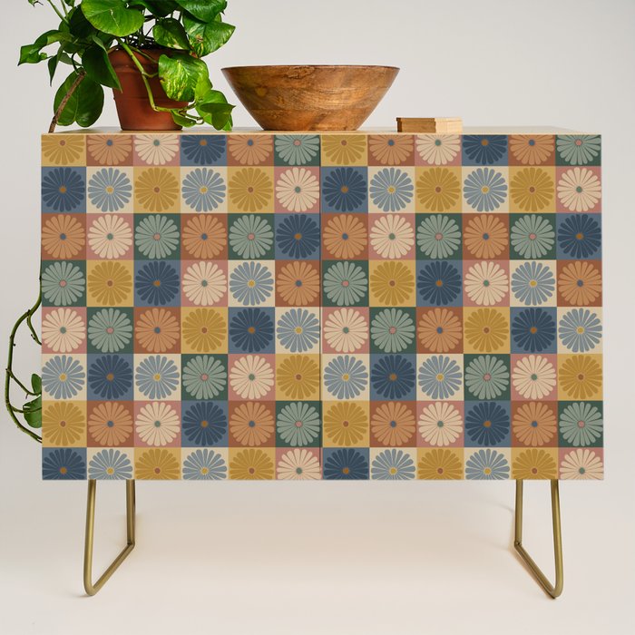 Retro Flowers Check Pattern IX Credenza Gallery Image 1
