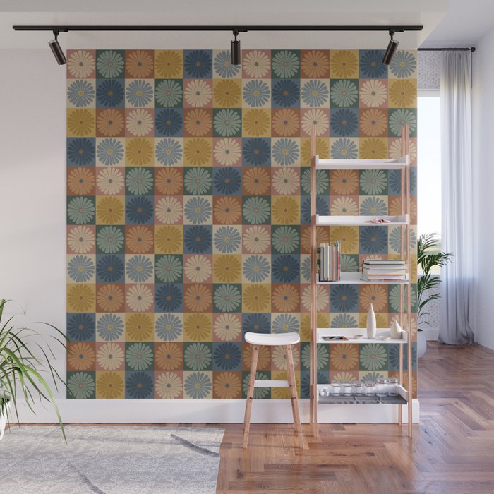 Retro Flowers Check Pattern IX Wall Mural Gallery Image 1