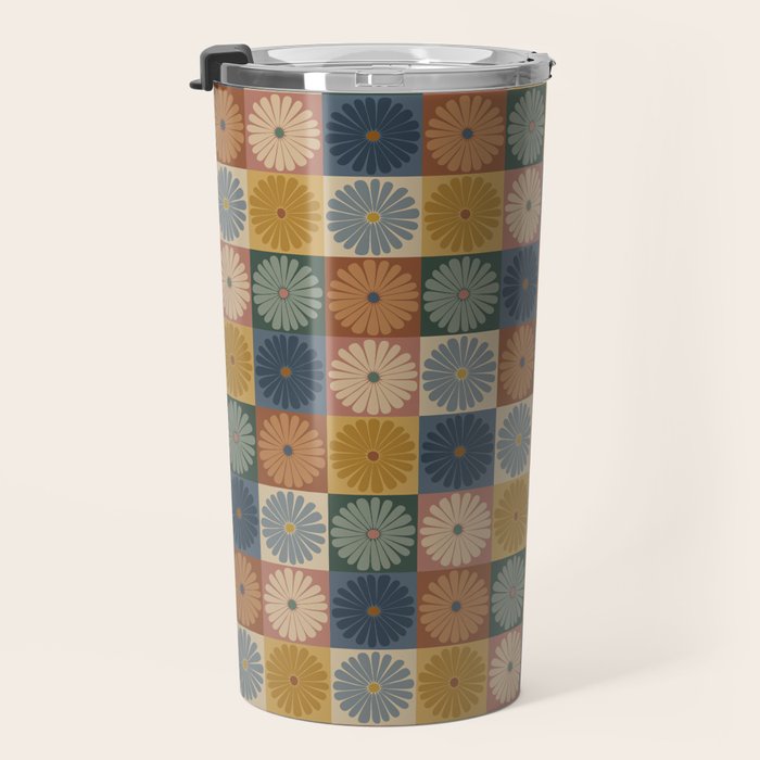 Retro Flowers Check Pattern IX Travel Mug Gallery Image 3