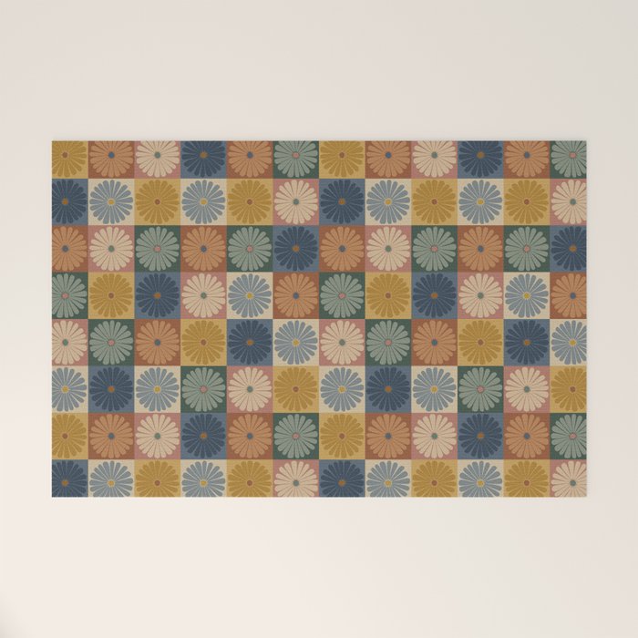 Retro Flowers Check Pattern IX Welcome Mat Gallery Image 1