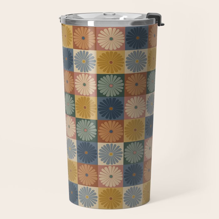 Retro Flowers Check Pattern IX Travel Mug Gallery Image 2