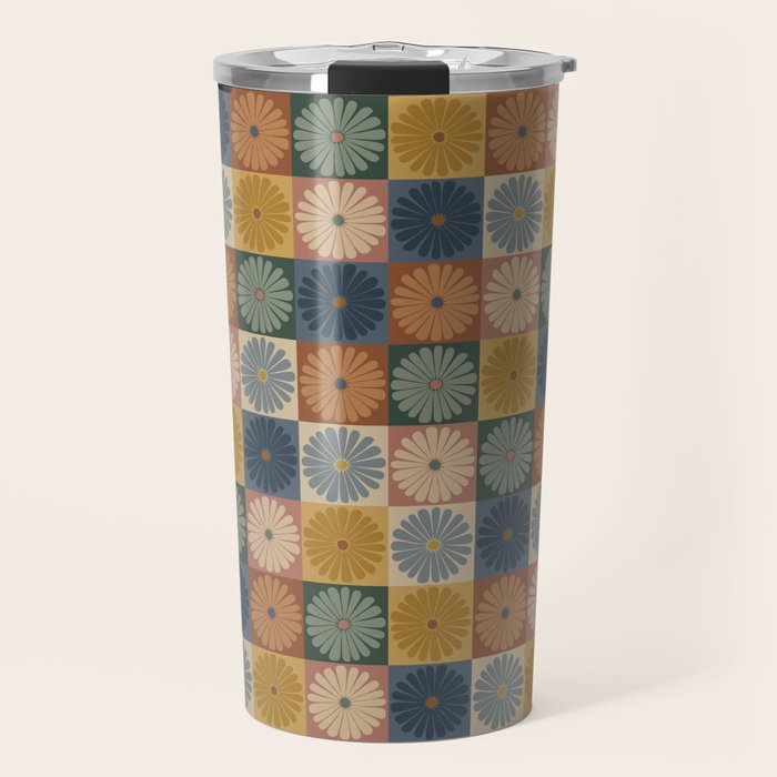 Retro Flowers Check Pattern IX Travel Mug Gallery Image 1