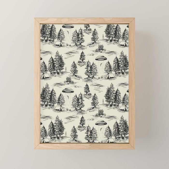 Black Alien Abduction Toile De Jouy Pattern Mini Art Print Gallery Image 1