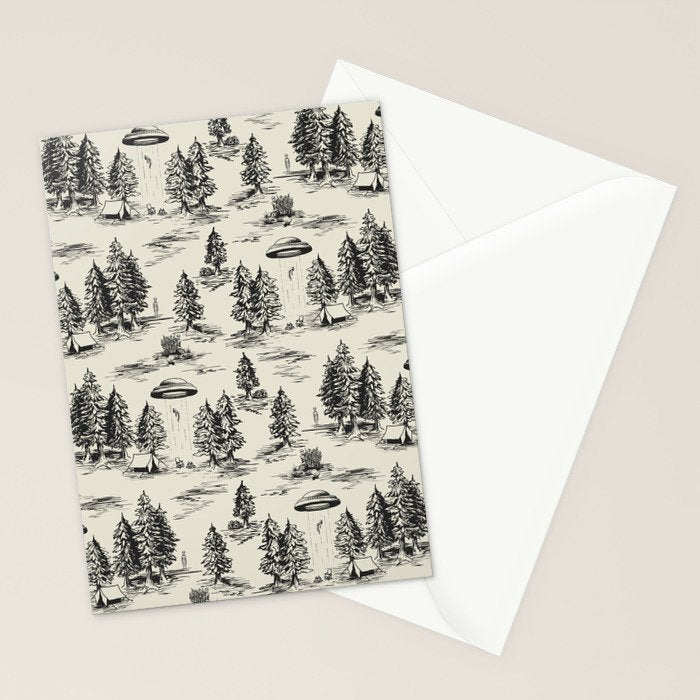 Black Alien Abduction Toile De Jouy Pattern Stationery Card Gallery Image 2