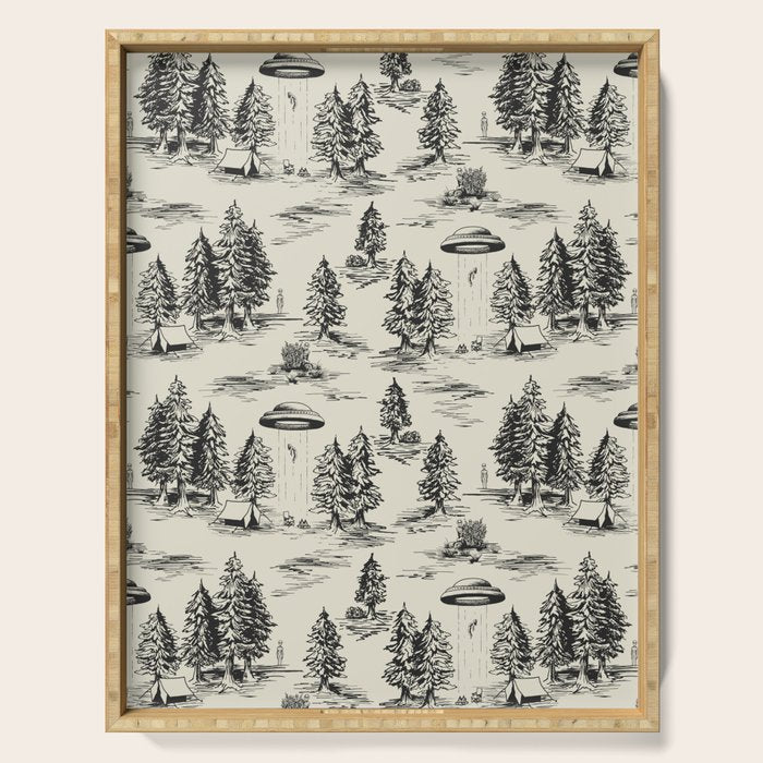 Black Alien Abduction Toile De Jouy Pattern Serving Tray Gallery Image 1