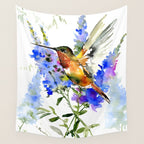 Alen's Hummingbird and Blue Flowers, floral bird design birds, watercolor floral bird art Wall Tapestry Gallery Image 4