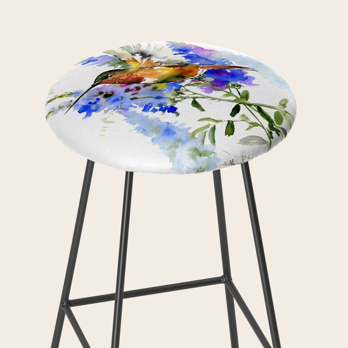 Alen's Hummingbird and Blue Flowers, floral bird design birds, watercolor floral bird art Stool Gallery Image 2