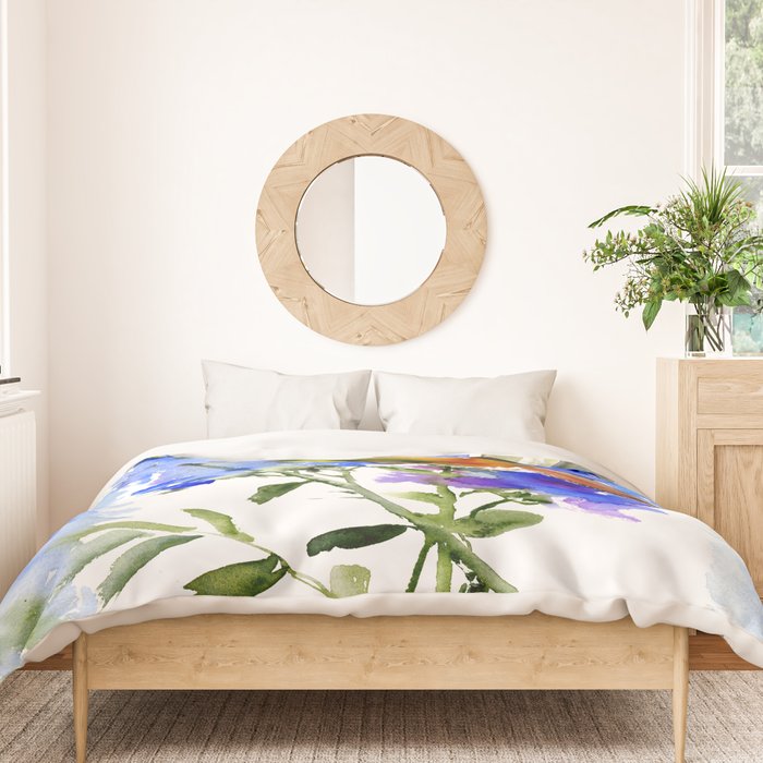 Alen's Hummingbird and Blue Flowers, floral bird design birds, watercolor floral bird art Duvet Cover Gallery Image 3