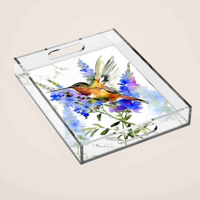 Alen's Hummingbird and Blue Flowers, floral bird design birds, watercolor floral bird art Acrylic Tray Gallery Image 1