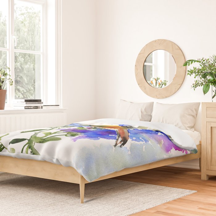 Alen's Hummingbird and Blue Flowers, floral bird design birds, watercolor floral bird art Duvet Cover Gallery Image 2