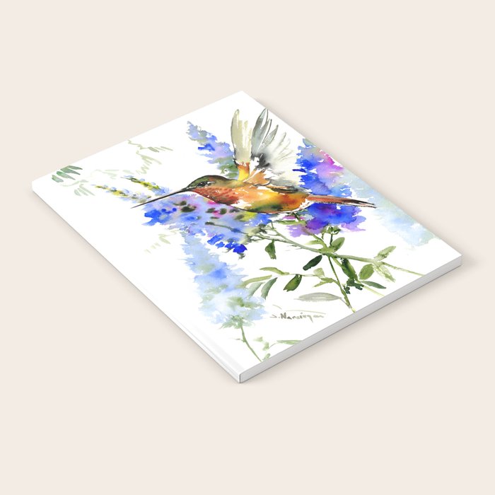 Alen's Hummingbird and Blue Flowers, floral bird design birds, watercolor floral bird art Notebook Gallery Image 2