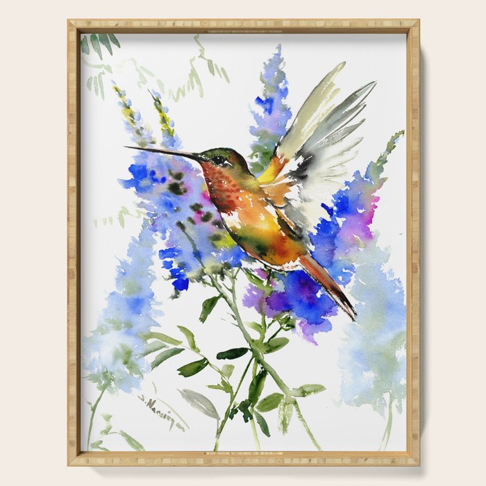 Alen's Hummingbird and Blue Flowers, floral bird design birds, watercolor floral bird art Serving Tray Gallery Image 1