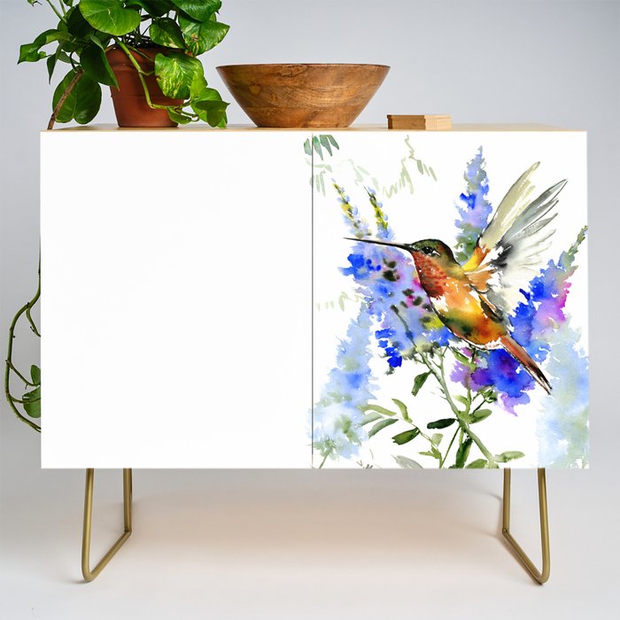 Alen's Hummingbird and Blue Flowers, floral bird design birds, watercolor floral bird art Credenza Gallery Image 1