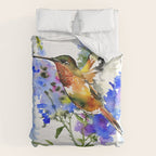 Alen's Hummingbird and Blue Flowers, floral bird design birds, watercolor floral bird art Duvet Cover Gallery Image 6