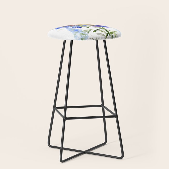 Alen's Hummingbird and Blue Flowers, floral bird design birds, watercolor floral bird art Stool Gallery Image 1