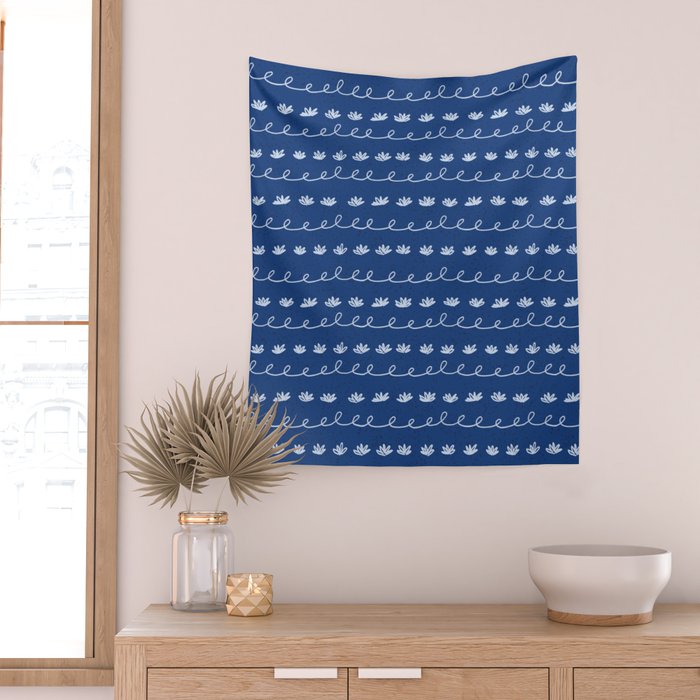 Abstract Cookie Pattern Doodle in Navy & Sky Blue Wall Tapestry Gallery Image 2