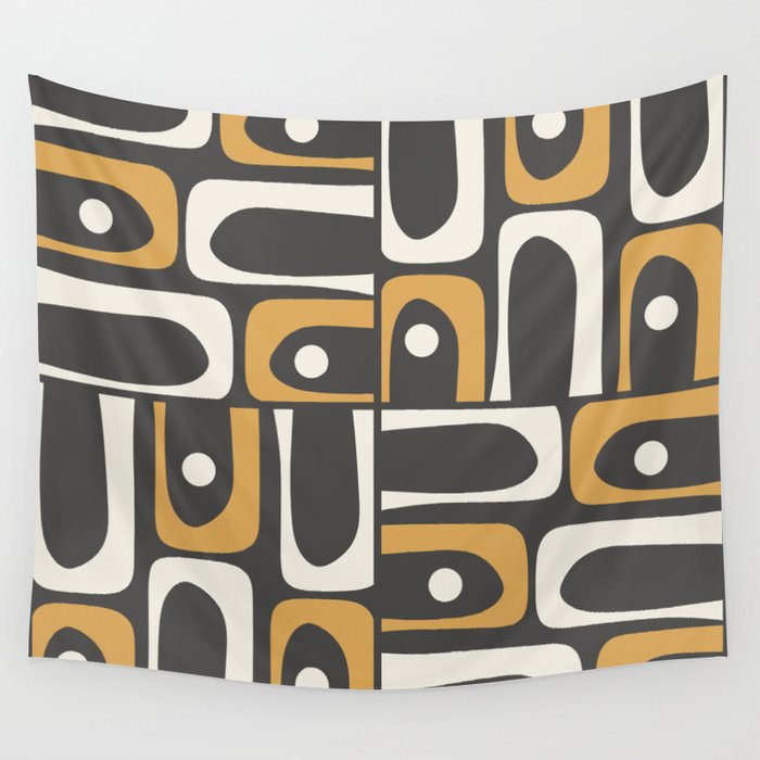Mid Century Modern Piquet Retro Abstract Multi Pattern in Charcoal Gray, Muted Mustard Gold, and Cream Wall Tapestry Gallery Image 4