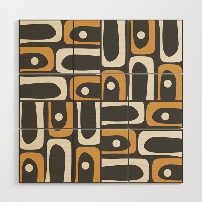 Mid Century Modern Piquet Retro Abstract Multi Pattern in Charcoal Gray, Muted Mustard Gold, and Cream Wood Wall Art Gallery Image 1