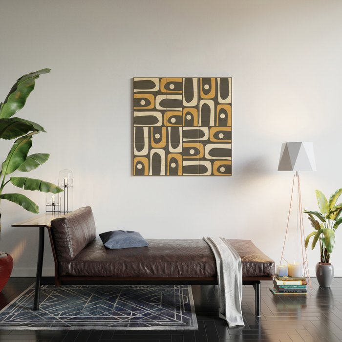 Mid Century Modern Piquet Retro Abstract Multi Pattern in Charcoal Gray, Muted Mustard Gold, and Cream Wood Wall Art Gallery Image 2