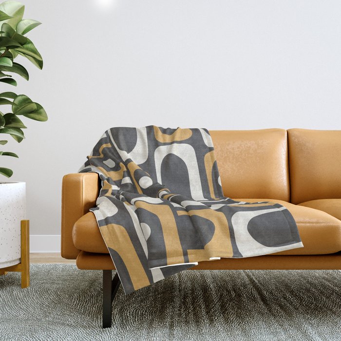 Mid Century Modern Piquet Retro Abstract Multi Pattern in Charcoal Gray, Muted Mustard Gold, and Cream Throw Blanket Gallery Image 1