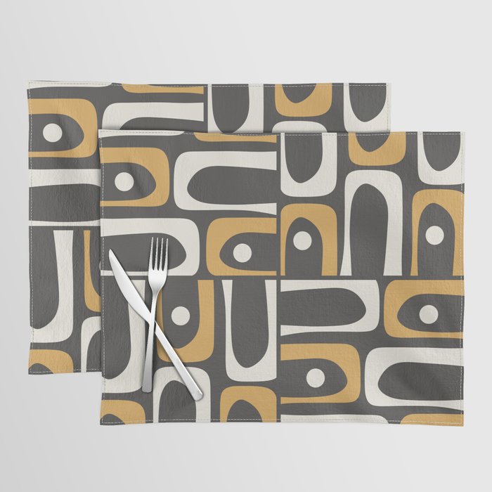 Mid Century Modern Piquet Retro Abstract Multi Pattern in Charcoal Gray, Muted Mustard Gold, and Cream Placemat Gallery Image 1