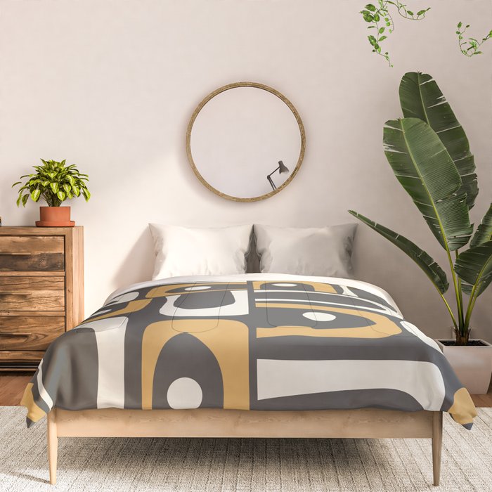 Mid Century Modern Piquet Retro Abstract Multi Pattern in Charcoal Gray, Muted Mustard Gold, and Cream Comforter Gallery Image 3