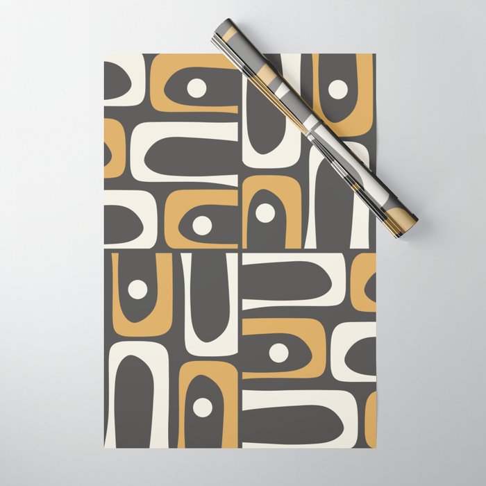 Mid Century Modern Piquet Retro Abstract Multi Pattern in Charcoal Gray, Muted Mustard Gold, and Cream Wrapping Paper Gallery Image 1