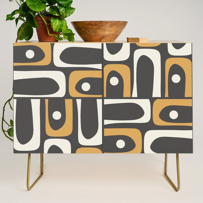 Mid Century Modern Piquet Retro Abstract Multi Pattern in Charcoal Gray, Muted Mustard Gold, and Cream Credenza Gallery Image 1