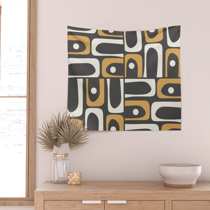 Mid Century Modern Piquet Retro Abstract Multi Pattern in Charcoal Gray, Muted Mustard Gold, and Cream Wall Tapestry Gallery Image 2