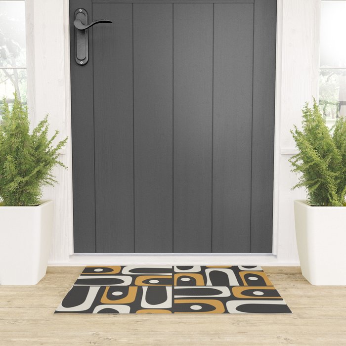 Mid Century Modern Piquet Retro Abstract Multi Pattern in Charcoal Gray, Muted Mustard Gold, and Cream Welcome Mat Gallery Image 3