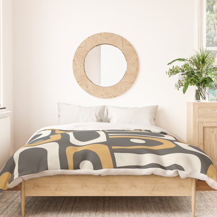 Mid Century Modern Piquet Retro Abstract Multi Pattern in Charcoal Gray, Muted Mustard Gold, and Cream Duvet Cover Gallery Image 3