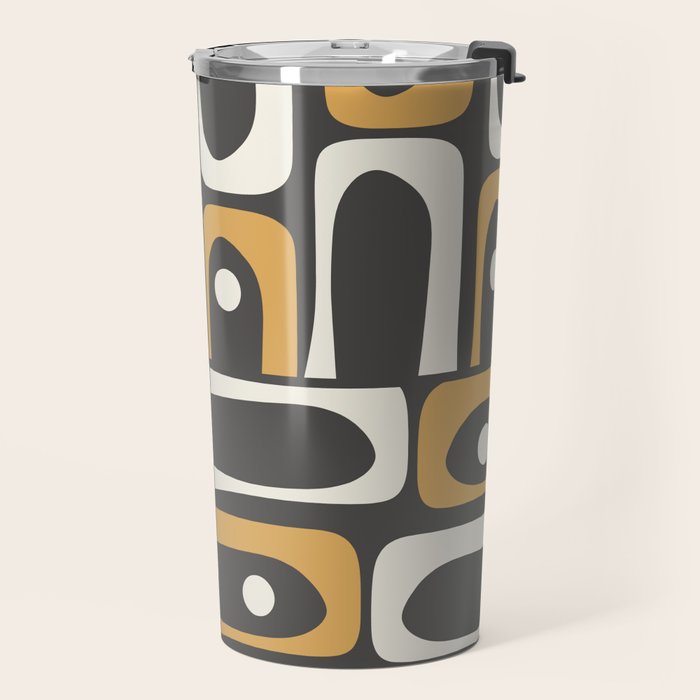 Mid Century Modern Piquet Retro Abstract Multi Pattern in Charcoal Gray, Muted Mustard Gold, and Cream Travel Mug Gallery Image 2