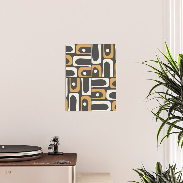 Mid Century Modern Piquet Retro Abstract Multi Pattern in Charcoal Gray, Muted Mustard Gold, and Cream Poster Gallery Image 2